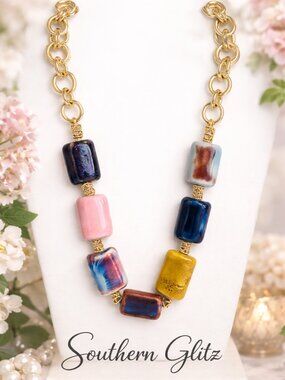 Colorful Statement Necklace, Chunky Gold Chain Necklace, Bold Beaded Necklace